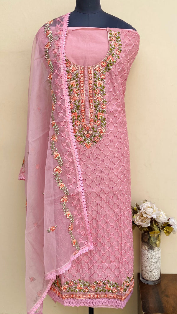 Designer Embroidered Suit Length 3 Piece Pink Mal Chanderi