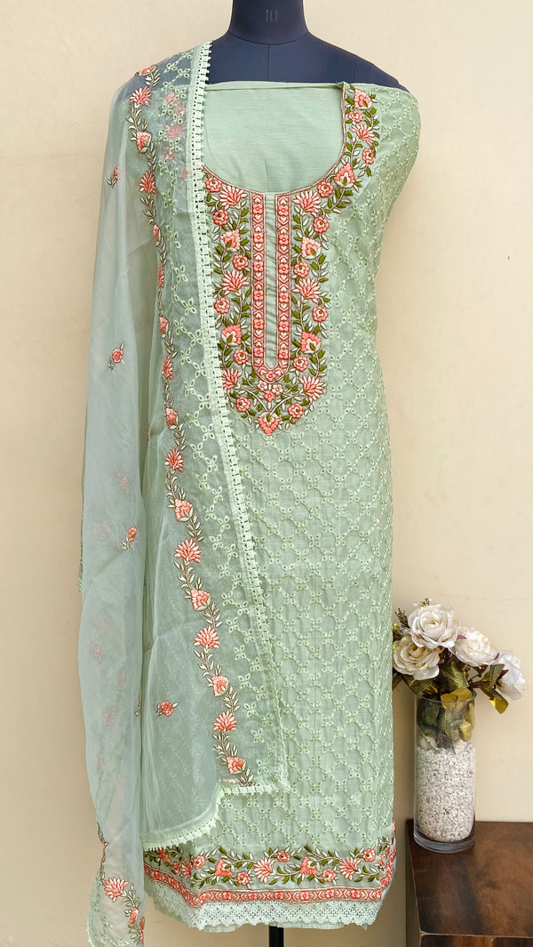 Designer Embroidered Suit Length 3 Piece Pista Green Mal Chanderi