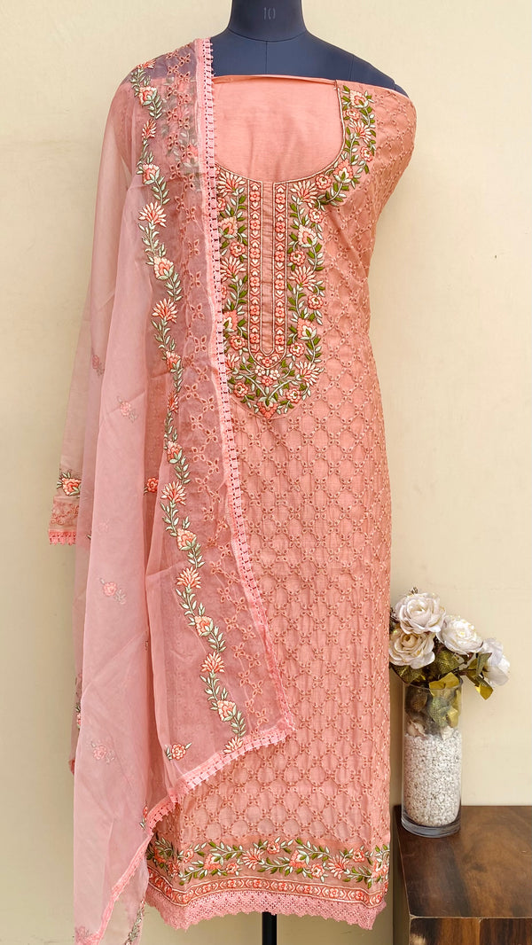 Designer Embroidered Suit Length 3 Piece Copper Mal Chanderi