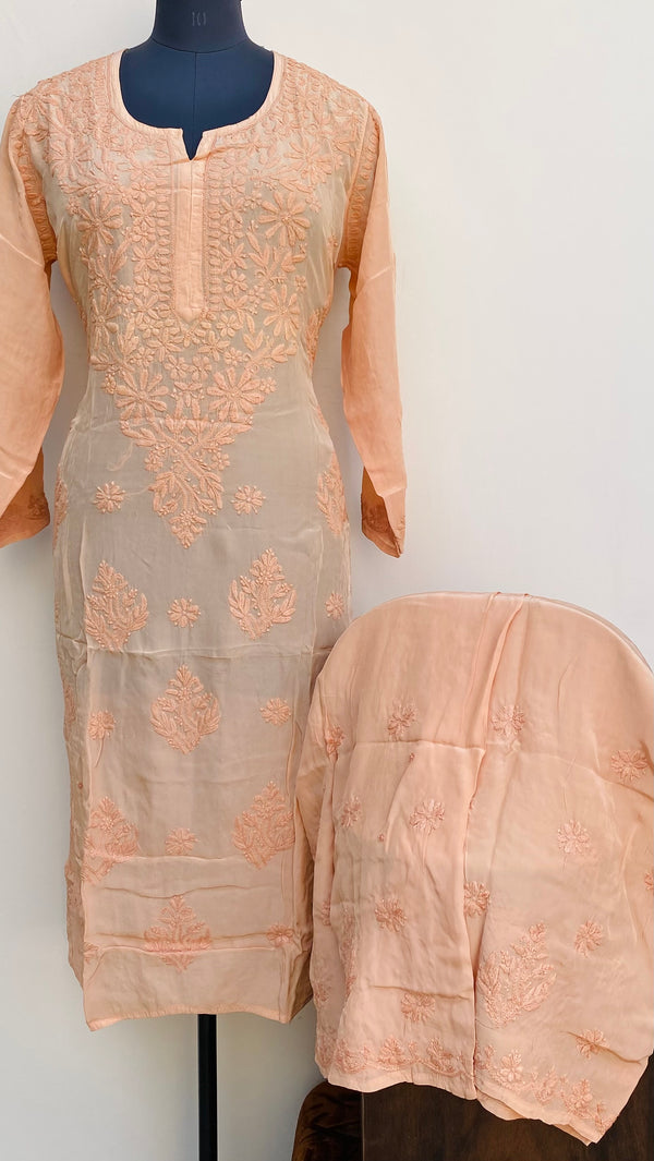 Lucknowi Chikankari Co-ord Set Peach Organza With Self Work