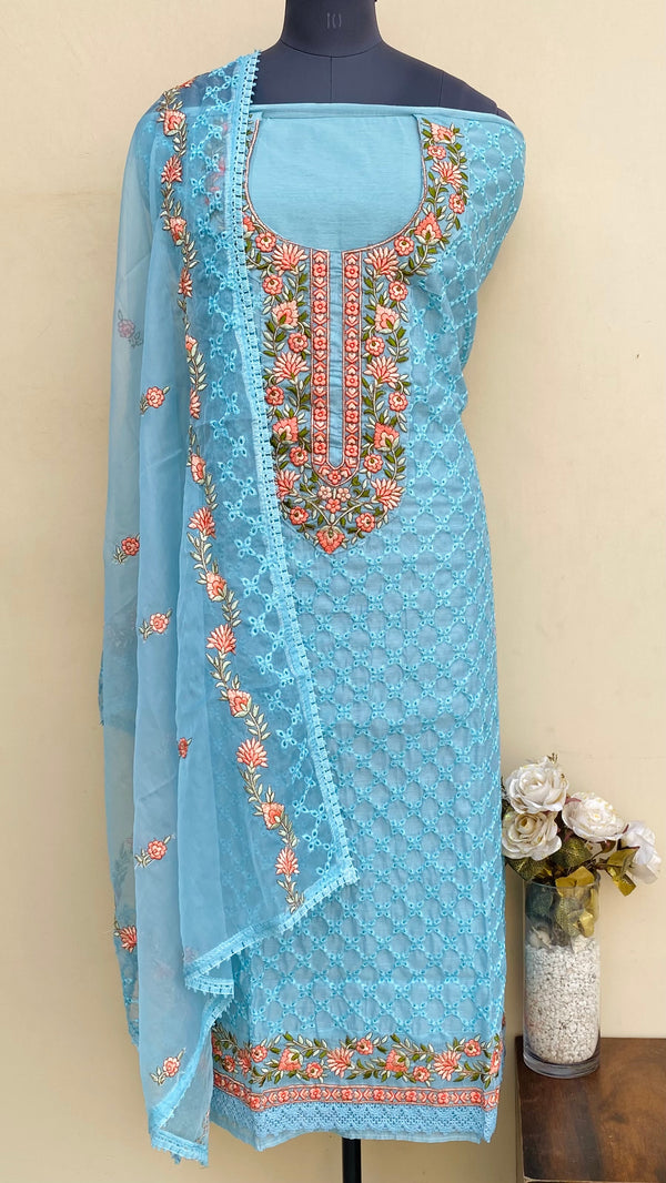 Designer Embroidered Suit Length 3 Piece Blue Mal Chanderi