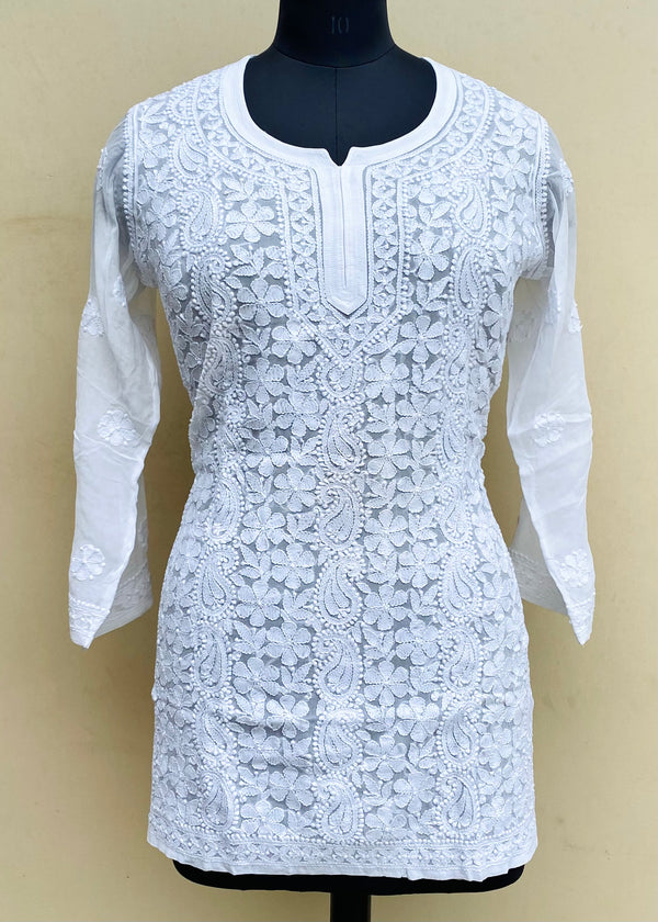 Lucknowi Chikankari Short Kurti White Pure Georgette