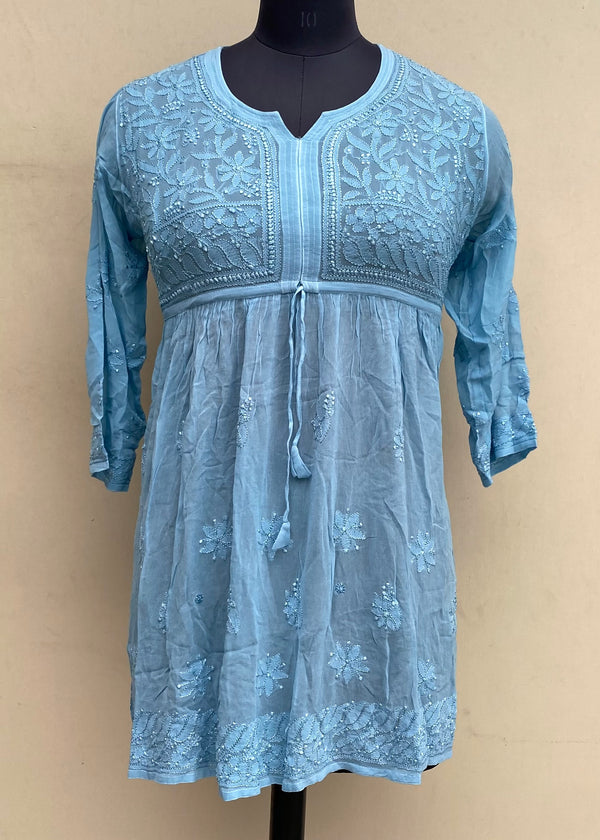 Lucknowi Chikankari Short Kurti Powder Blue Pure Georgette With Resham Work