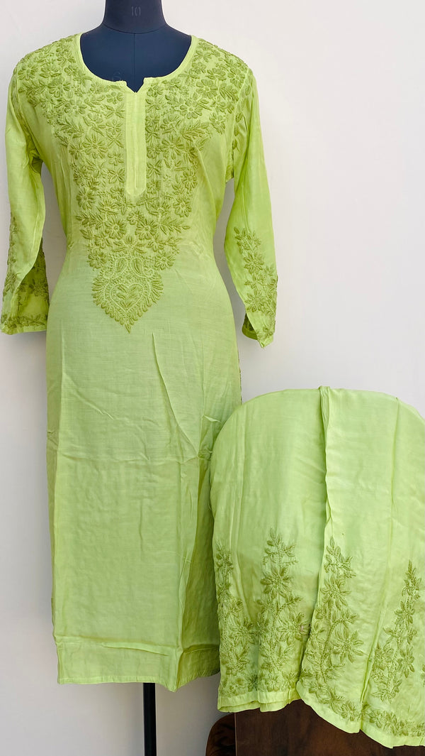 Lucknowi Chikankari Co-ord Set Parrot Green Muslin Cotton With Self Work