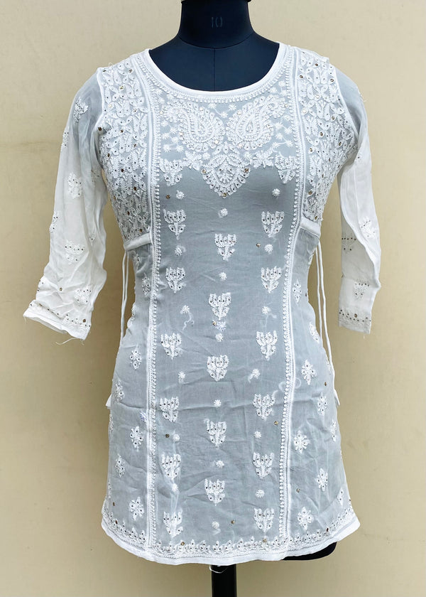 Lucknowi Chikankari Short Kurti White Pure Georgette With Mukaish & Resham Work