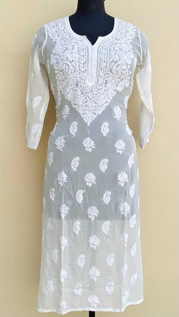 Lucknowi Chikankari Kurti White Pure Georgette With Pearl & Sequence Work