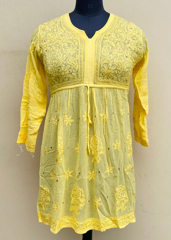 Lucknowi Chikankari Short Kurti Yellow Pure Georgette With Mukaish & Resham Work