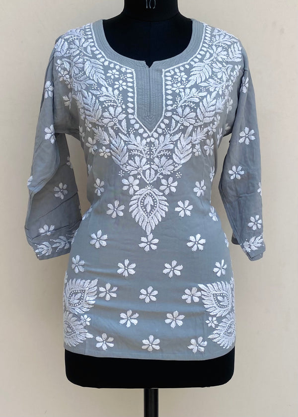 Lucknowi Chikankari Short Kurti Gray Modal Cotton