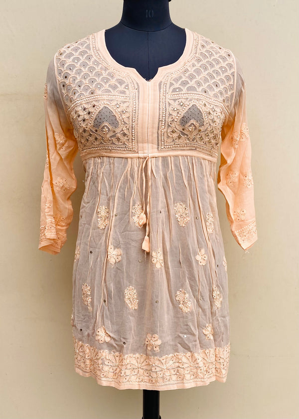 Lucknowi Chikankari Short Kurti Peach Pure Georgette With Mukaish & Resham Work