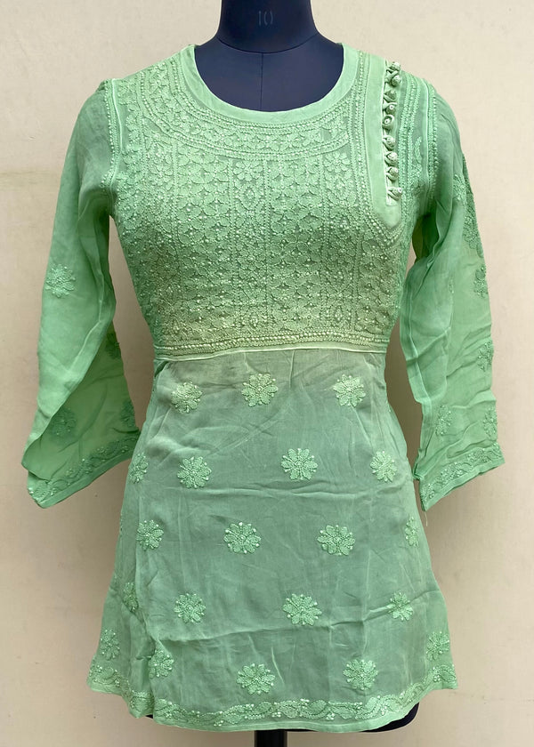 Lucknowi Chikankari Short Kurti Green Pure Georgette