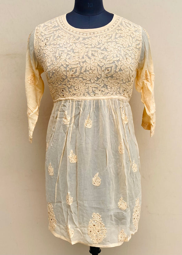 Lucknowi Chikankari Short Kurti Peach Pure Georgette With Mukaish Work