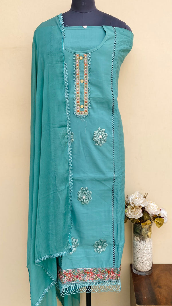 Designer Embroidered Suit Length 3 Piece Green Muslin Cotton