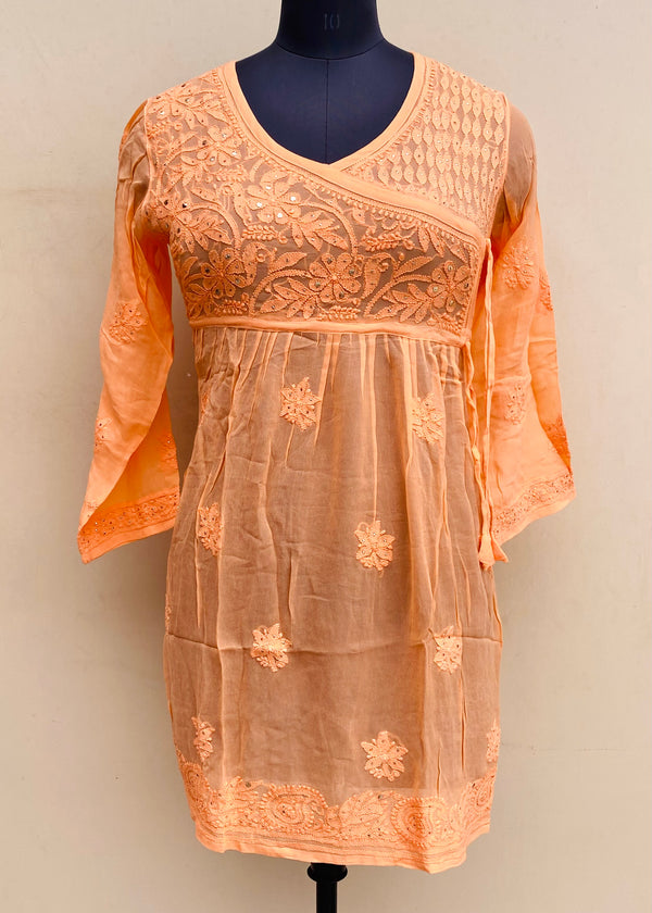 Lucknowi Chikankari Short Kurti Orange Pure Georgette With Mukaish Work