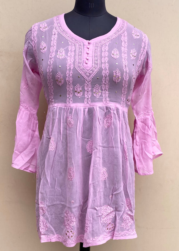 Lucknowi Chikankari Short Kurti Pink Pure Georgette With Mukaish & Resham Work