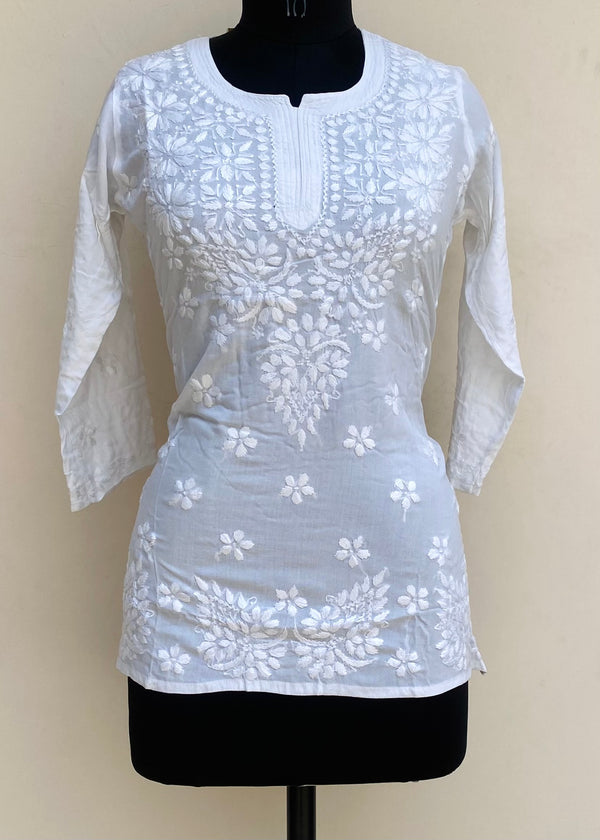 Lucknowi Chikankari Short Kurti White Modal Cotton