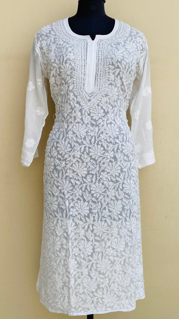 Lucknowi Chikankari Kurti White Pure Georgette With Pearl & Sequence Work