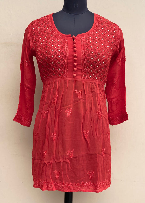 Lucknowi Chikankari Short Kurti Red Pure Georgette With Mukaish & Resham Work