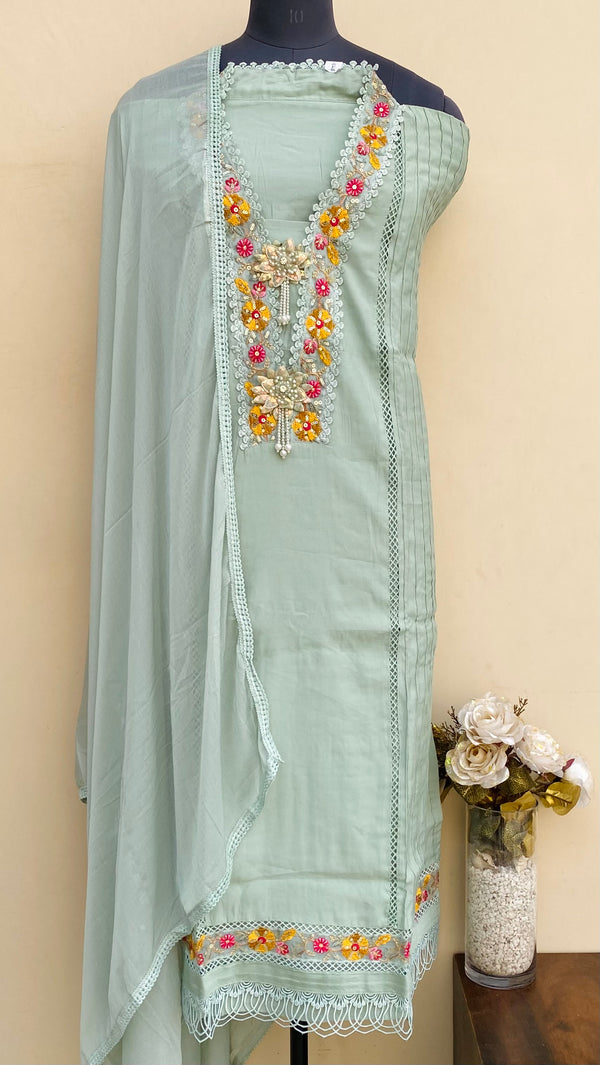 Designer Embroidered Suit Length 3 Piece Pista Green Muslin Cotton