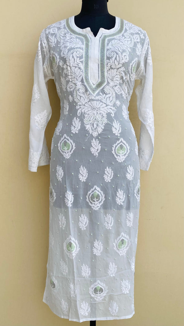 Lucknowi Chikankari Kurti White Pure Georgette With Cutdana & Pearl Work