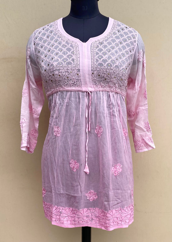 Lucknowi Chikankari Short Kurti Pink Pure Georgette With Mukaish & Resham Work