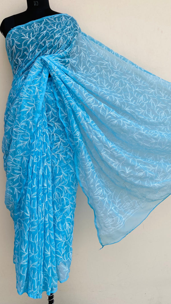 Lucknowi Chikankari Saree Blue Georgette With Tapichi Work