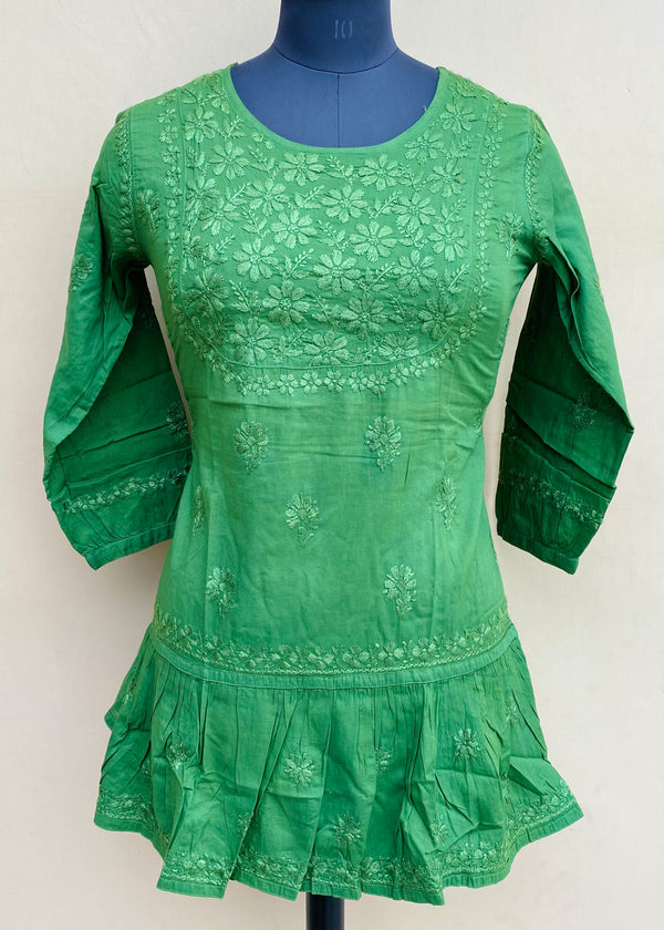 Lucknowi Chikankari Short Kurti Green Mulmul Cotton With Self 3D Work