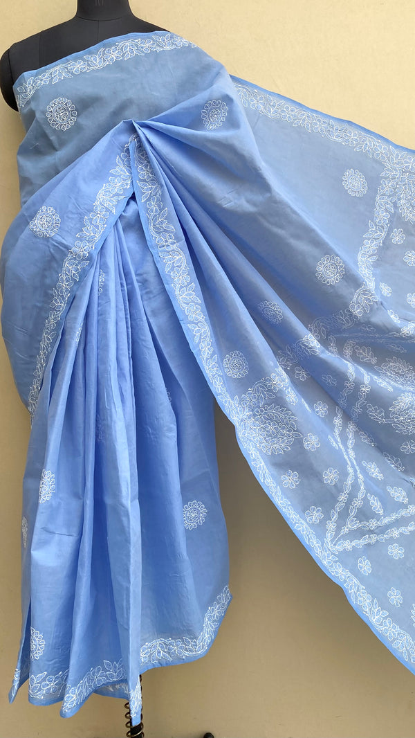 Lucknowi Chikankari Saree Blue Cotton