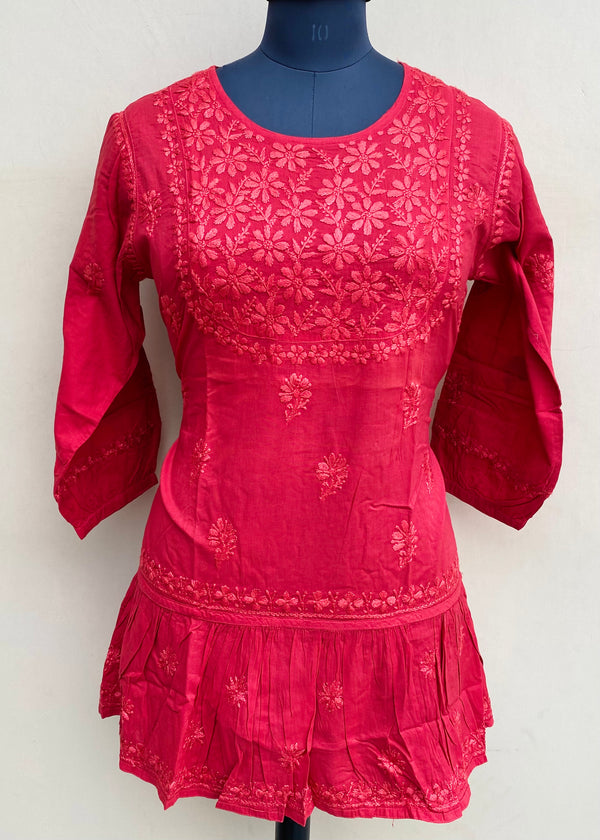 Lucknowi Chikankari Short Kurti Red Mulmul Cotton With Self 3D Work