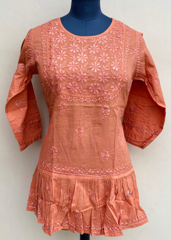 Lucknowi Chikankari Short Kurti Rust Mulmul Cotton With Self 3D Work