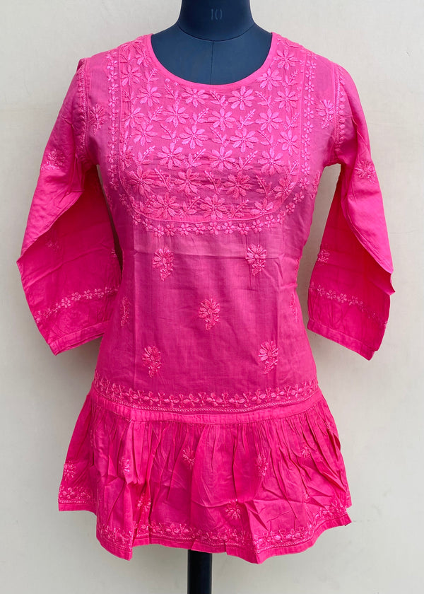 Lucknowi Chikankari Ombre Short Kurti Pink Mulmul Cotton With Self 3D Work