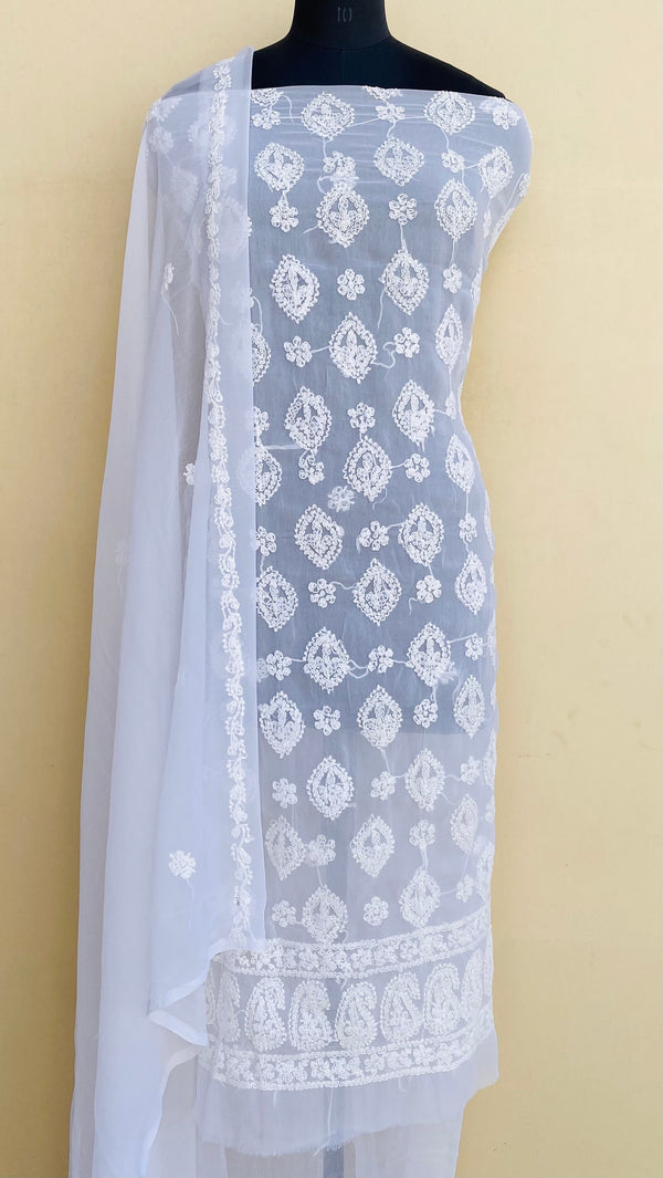 Lucknowi Chikankari Suit Length 3 Piece White Georgette