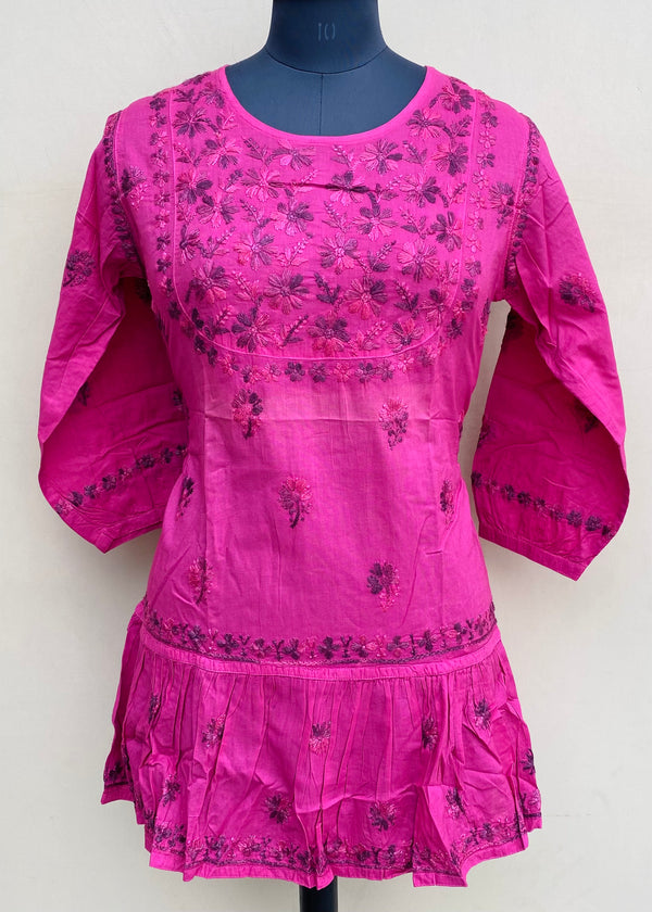 Lucknowi Chikankari Short Kurti Pink Mulmul Cotton With Self 3D Work