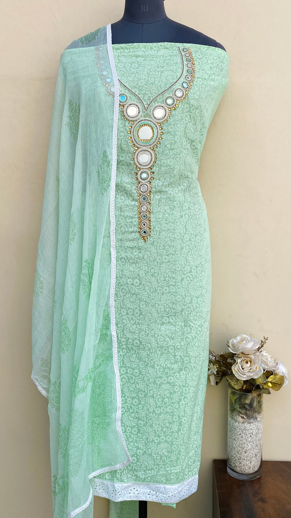 Designer Embroidered Suit Length 3 Piece Pista Green Mal Cotton With Pearl & Mirror Work