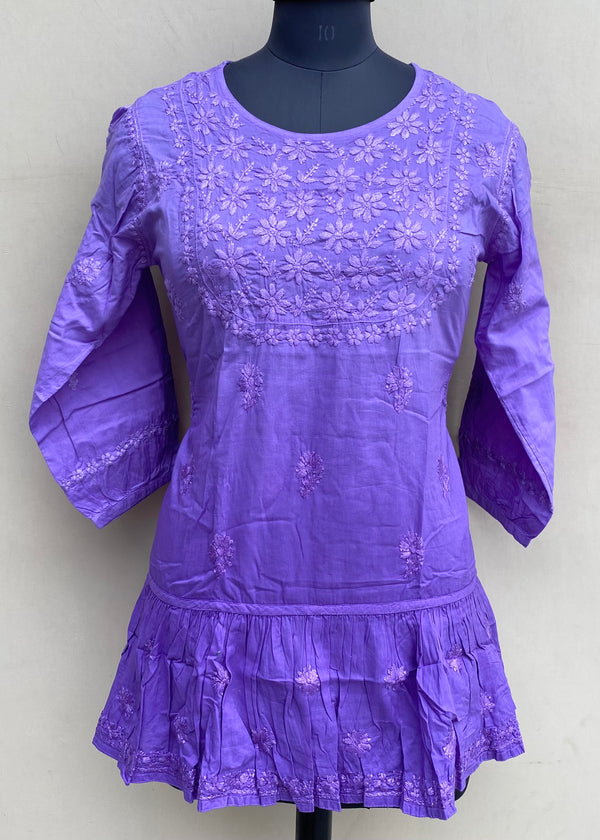 Lucknowi Chikankari Ombre Short Kurti Purple Mulmul Cotton With Self 3D Work