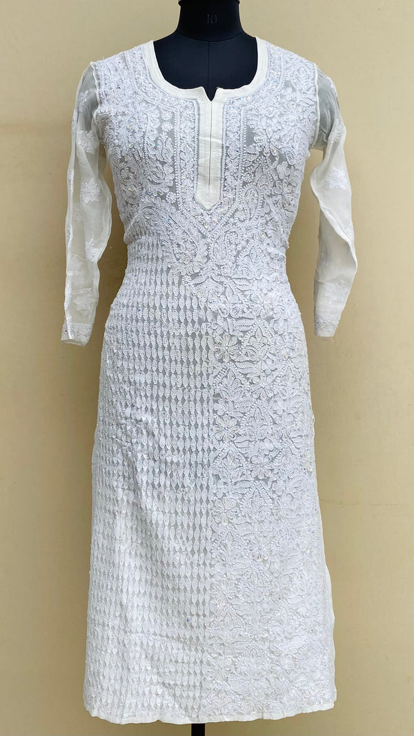 Lucknowi Chikankari Kurti White Pure Georgette With Pearl & Sequence Work