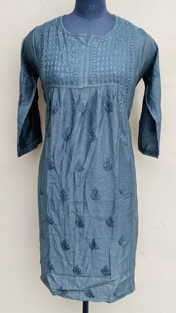 Lucknowi Chikankari Kurti Gray Mal Chanderi With Self 3D Work