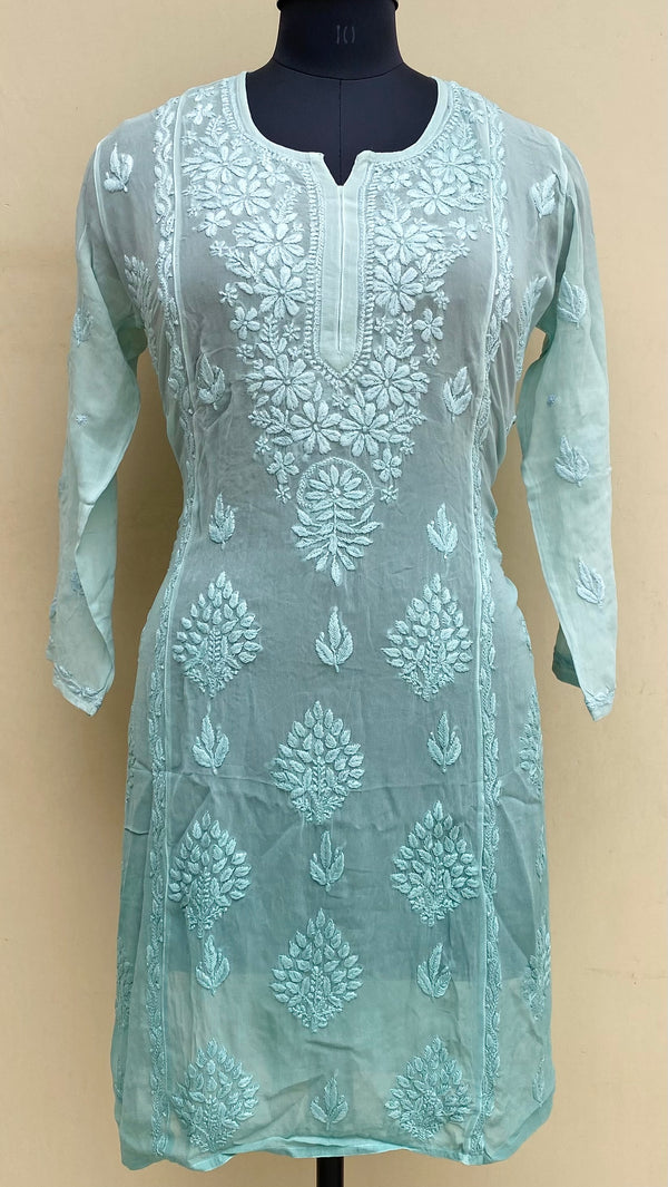 Lucknowi Chikankari Ombre Kurti Sea Green Pure Georgette With Self & 3D Work