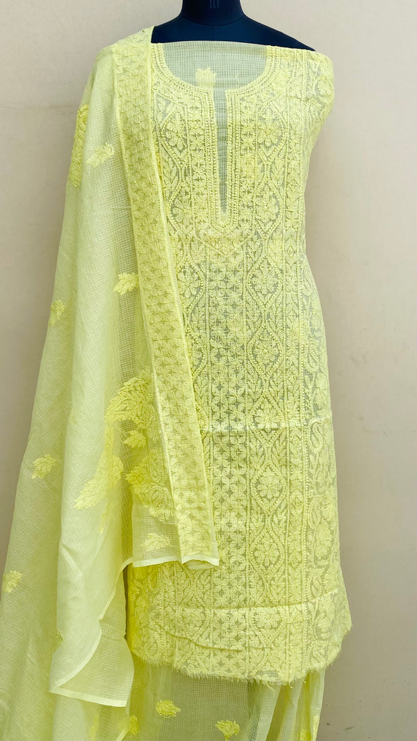 Lucknowi Chikankari Suit Length 2 Piece Yellow Kota With Embroidered Kota Dupatta