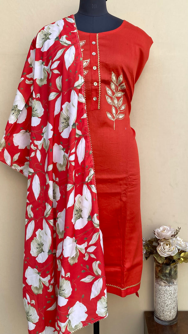 Designer Embroidered Suit Length 3 Piece Red Mal Cotton