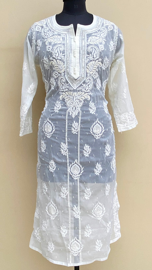 Lucknowi Chikankari Kurti Off White Georgette With Pearl & Sequence Work