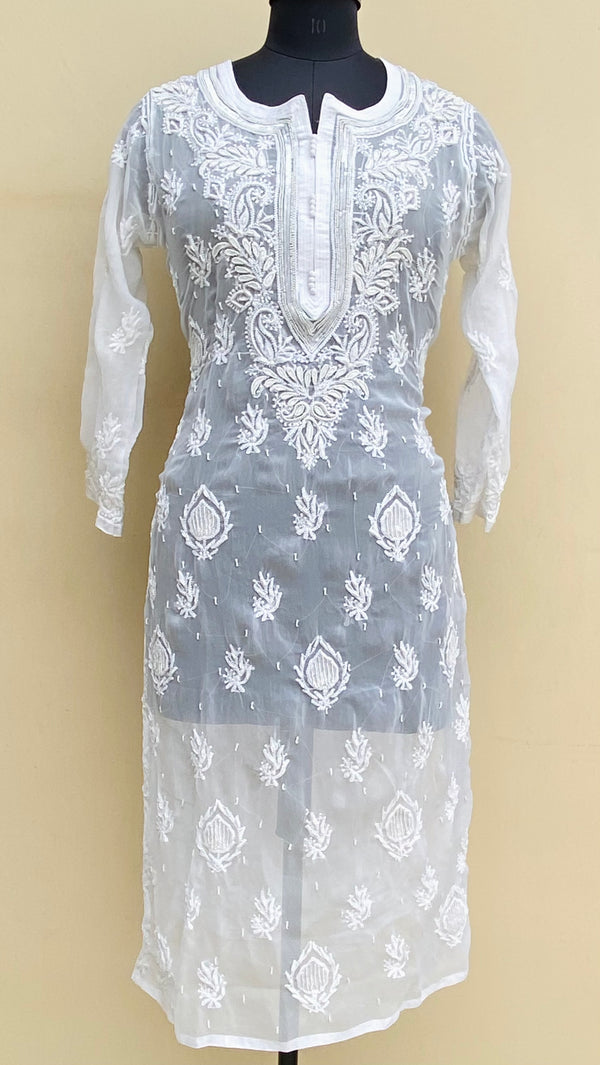 Lucknowi Chikankari Kurti White Georgette With Pearl & Sequence Work