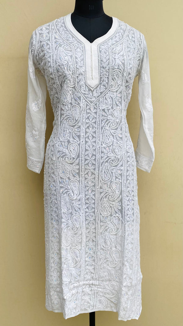 Lucknowi Chikankari Kurti White Pure Georgette With Pearl, Cutadana & Sequence