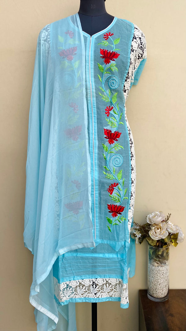 Designer Embroidered Suit Length 3 Piece Blue Mal Cotton