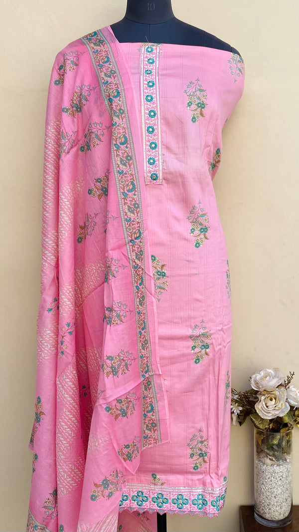 Designer Embroidered Suit Length 3 Piece Pink Mal Cotton