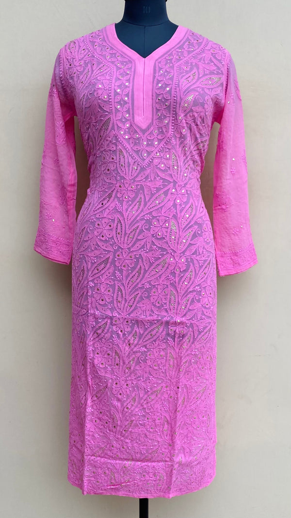 Lucknowi Chikankari Kurti Pink Pure Georgette With Mukaish Work