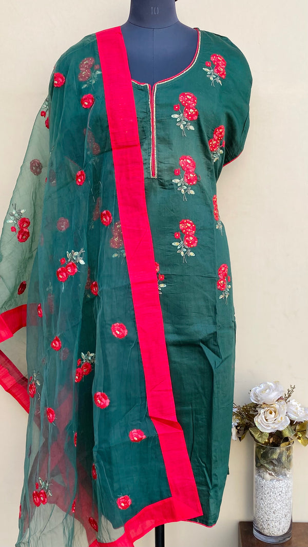 Designer Embroidered Suit Length 3 Piece Bottle Green Mal Cotton