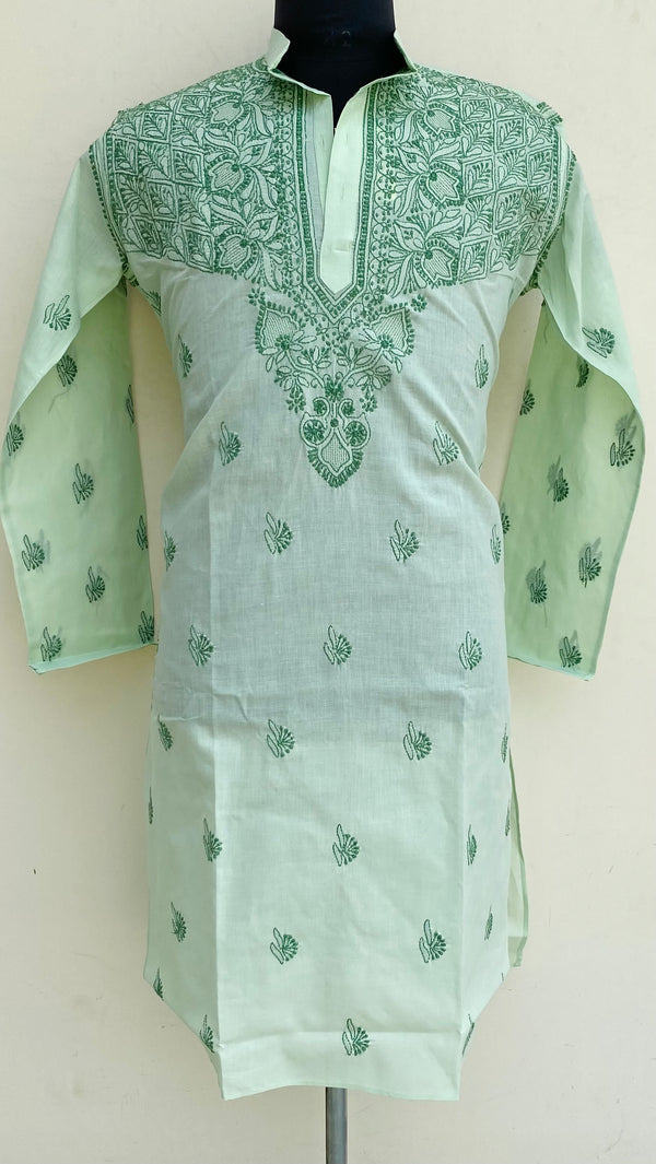 Lucknowi Chikankari Men’s Kurta Green Cotton With Jaali Work