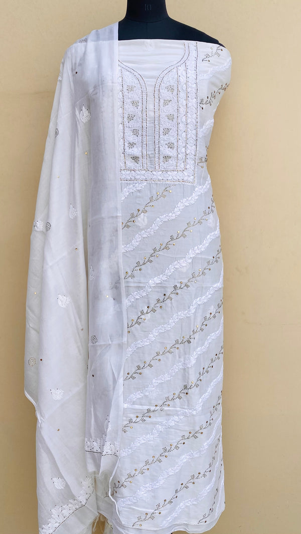 Lucknowi Chikankari Suit Length 2 Piece White Muslin With Mukaish Work