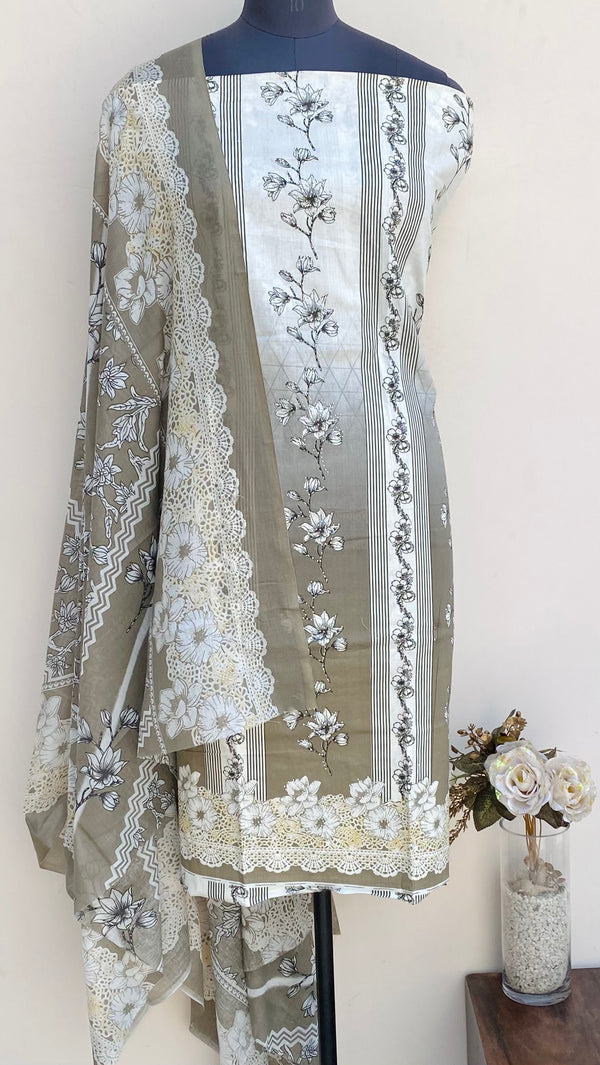 Designer Embroidered Suit Length 3 Piece Gray Mal Cotton