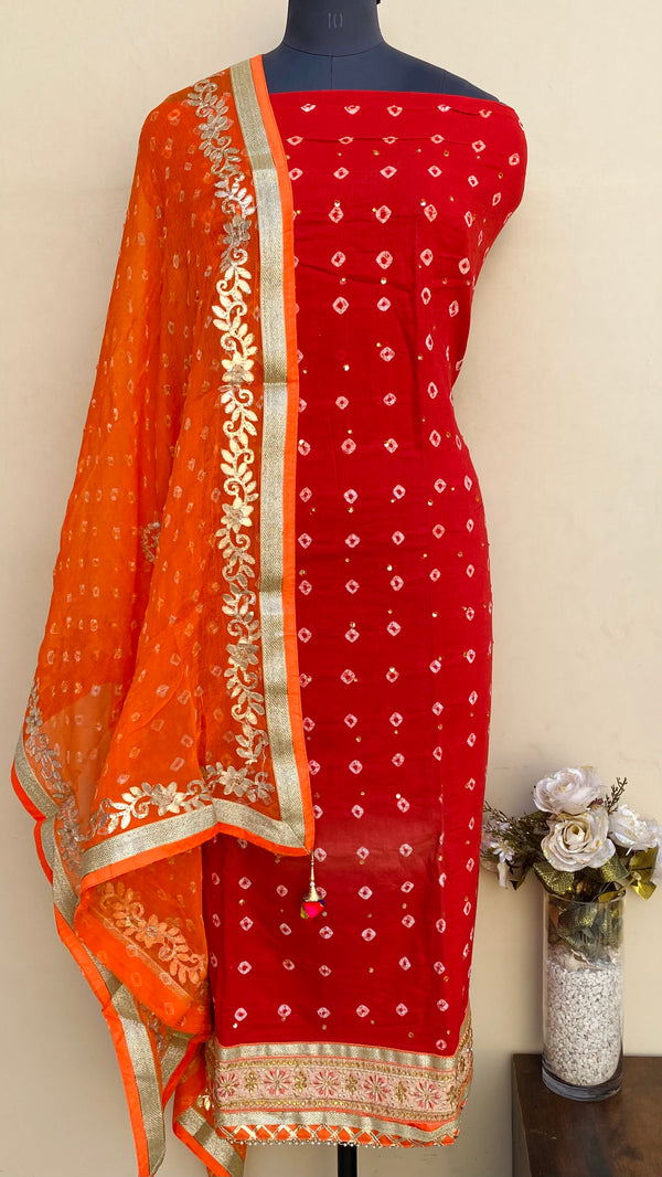 Designer Embroidered Suit Length 3 Piece Red Mal Cotton